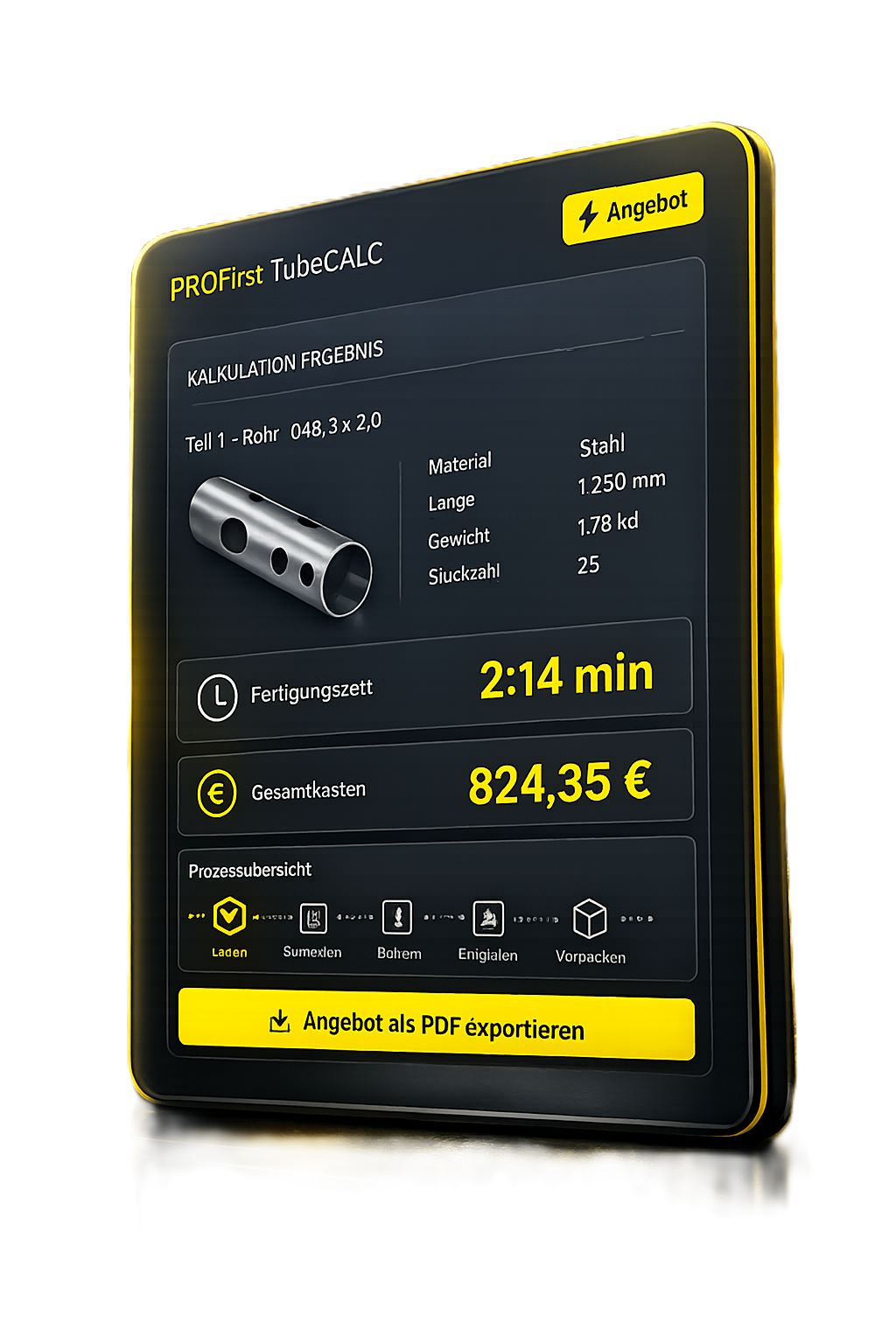 PROfirst TubeCALC Kalkulationsergebnis