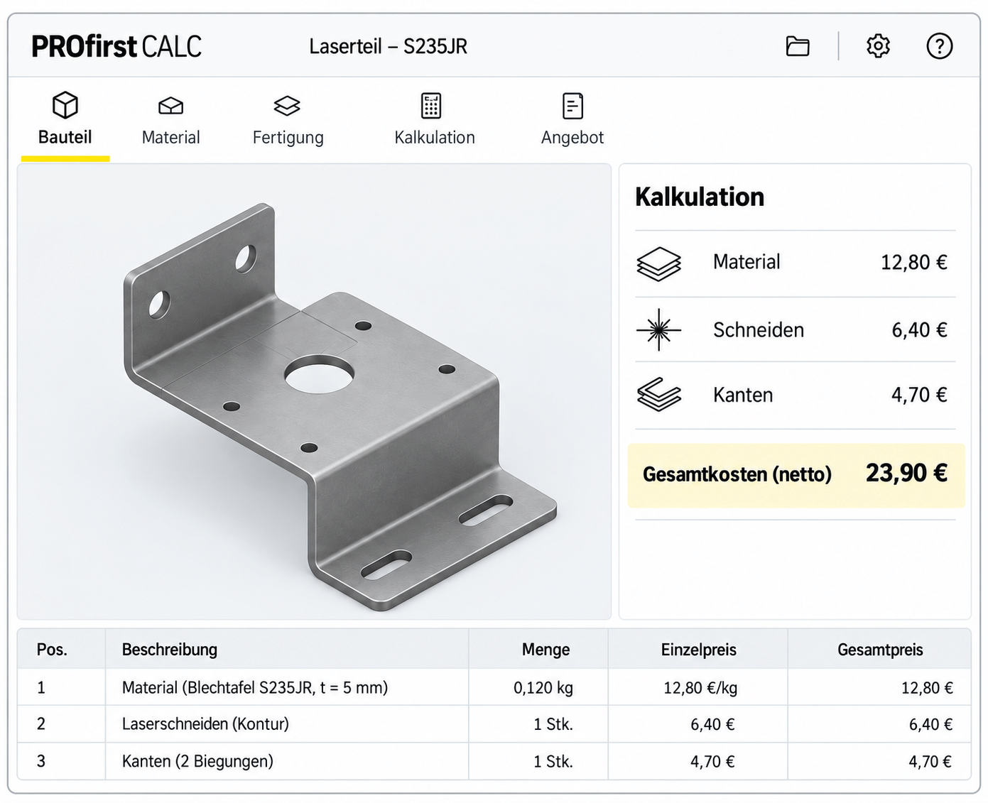 Beispielhafte Kalkulationsansicht mit Kantteil und Kostenübersicht