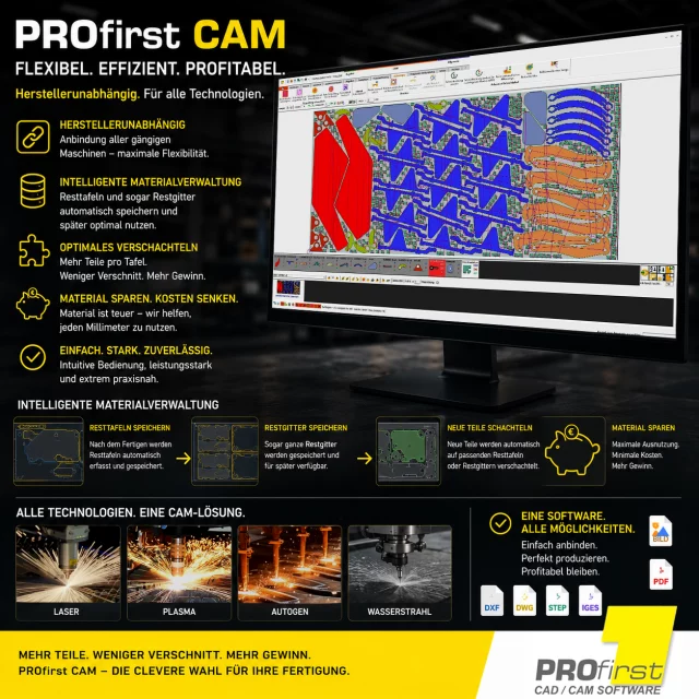 🔥 Material sparen. Flexibel bleiben. Effizient produzieren.

Mit unserer PROfirst CAM setzen unsere Kunden auf eine herstellerunabhängige Lösung für moderne CNC-Schneidtechnik.
Egal ob Laser, Plasma, Autogen oder Wasserstrahl - PROfirst CAM kann flexibel an unterschiedlichste Anlagen angebunden werden 💪

Ein besonderes Highlight ist unsere intelligente Materialverwaltung:
✔ Resttafeln automatisch speichern
✔ Sogar komplette Restgitter verwalten
✔ Neue Teile später automatisch darauf verschachteln

Gerade heute, bei steigenden Materialpreisen, zählt jeder Millimeter.
Durch optimierte Verschachtelung und maximale Materialausnutzung sparen unsere Kunden bares Geld 📈

Dazu kommt eine intuitive Bedienung ohne unnötig komplizierte Abläufe - direkt aus der Praxis für die Praxis entwickelt.

🚀 Eine CAM-Lösung. Alle Technologien. Maximale Flexibilität.

#CAM #CNC #LaserCutting #PlasmaCutting #Autogen #Wasserstrahl #Nesting #Metallbau #Industrie40 #Blechbearbeitung #Digitalisierung #profirst_group #CADCAM