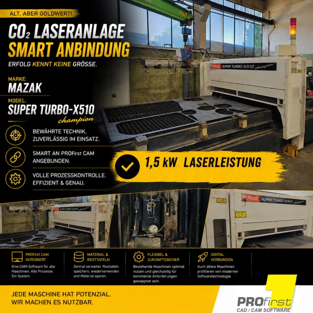 🚀 Alt? Ja. Ausgedient? Ganz sicher nicht!

Nicht jede erfolgreiche Modernisierung beginnt mit einer neuen Maschine. Manchmal reicht die richtige Software. 💡

Diese MAZAK SUPER TURBO-X510 Champion CO₂-Laseranlage aus dem Baujahr 2011 zeigt eindrucksvoll, dass auch bewährte Technik heute noch produktiv und wirtschaftlich eingesetzt werden kann.

Mit 1,5 kW Laserleistung schneidet die Anlage weiterhin zuverlässig ihre Aufgaben - jetzt gesteuert durch unsere PROfirst CAM Software. ✅

Die Anbindung verlief erfolgreich und die Maschine ist nun vollständig in die bestehende Produktionsumgebung integriert. Natürlich inklusive:
✔ Materialverwaltung
✔ Resttafelverwaltung
✔ Schachtelung
✔ Einheitlicher Bedienung mit anderen Schneidtechnologien

Gerade in Zeiten, in denen viele nur auf neue Maschinen schauen, zeigt dieses Projekt: Die richtige Software kann vorhandene Technik auf ein neues Level bringen. 🔥

Vielen Dank für das Vertrauen und viel Erfolg mit der modernisierten Fertigung!

#profirst_group #PROfirstCAM #Mazak #CO2Laser #Laserschneiden #Blechbearbeitung #Metallbau #SmartFactory #Digitalisierung #CADCAM #CNC #Fertigung #Maschinenanbindung