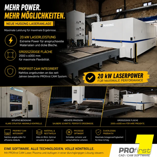 🚀 Neue Laserpower im Einsatz!

Unser langjähriger Kunde erweitert seine Fertigung um eine HUGONG Fiberlaser-Anlage mit 20 kW Leistung und 2.000 x 6.000 mm Bearbeitungsfläche.

Die neue Maschine wurde nahtlos in die bestehende PROfirst Umgebung integriert. Neben mehreren bereits vorhandenen CO₂-Laseranlagen arbeitet nun auch die neue Fiberlaser-Technologie direkt mit PROfirst CAM zusammen.

✅ 20 kW Fiberlaser
✅ PROfirst CAM integriert
✅ Gemeinsame Material- & Resttafelverwaltung
✅ Durchgängiger Workflow
✅ PROfirst Kalkulation weiterhin im Einsatz

Eine Software. Alle Technologien. Volle Kontrolle. 💪

#profirst_group #CAMSoftware #HUGONG #FiberLaser #LaserCutting #Blechbearbeitung #Metallbau #Industrie40 #Digitalisierung #CADCAM #Lasertechnik #Metallverarbeitung #SmartFactory #Manufacturing #Automation